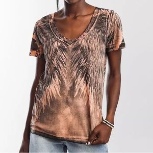 NWT Affliction Women’s Danica Coral & Black Angel Wing Short Sleeve Tee Size XS